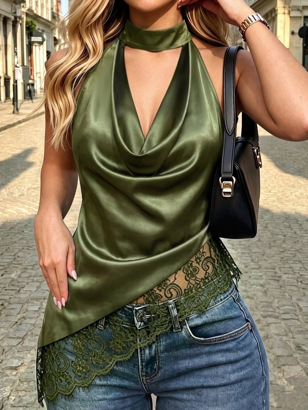 Olive Green Elegant Women's Slim Halter Tank Top